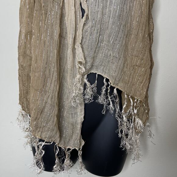 Vtg Women Tan Gold Colorful Metallic Sparkle Scarf Fringe Y2K Boho Chic‎ Fairy - Picture 3 of 4